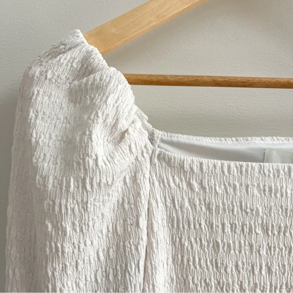 H&M White Smocked Puff Sleeve Or Off The Shoulder Long Sleeve Top XS